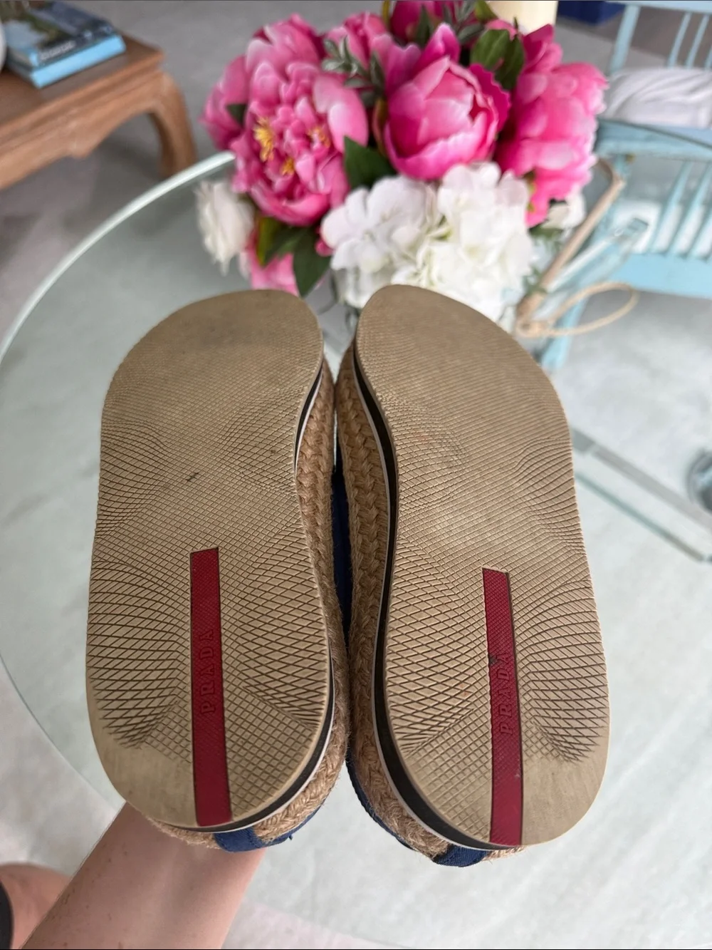 Prada Blue Espadrille Slip-On Flats Size 39.5 Beachy Summer Comes W/ Bag and Box